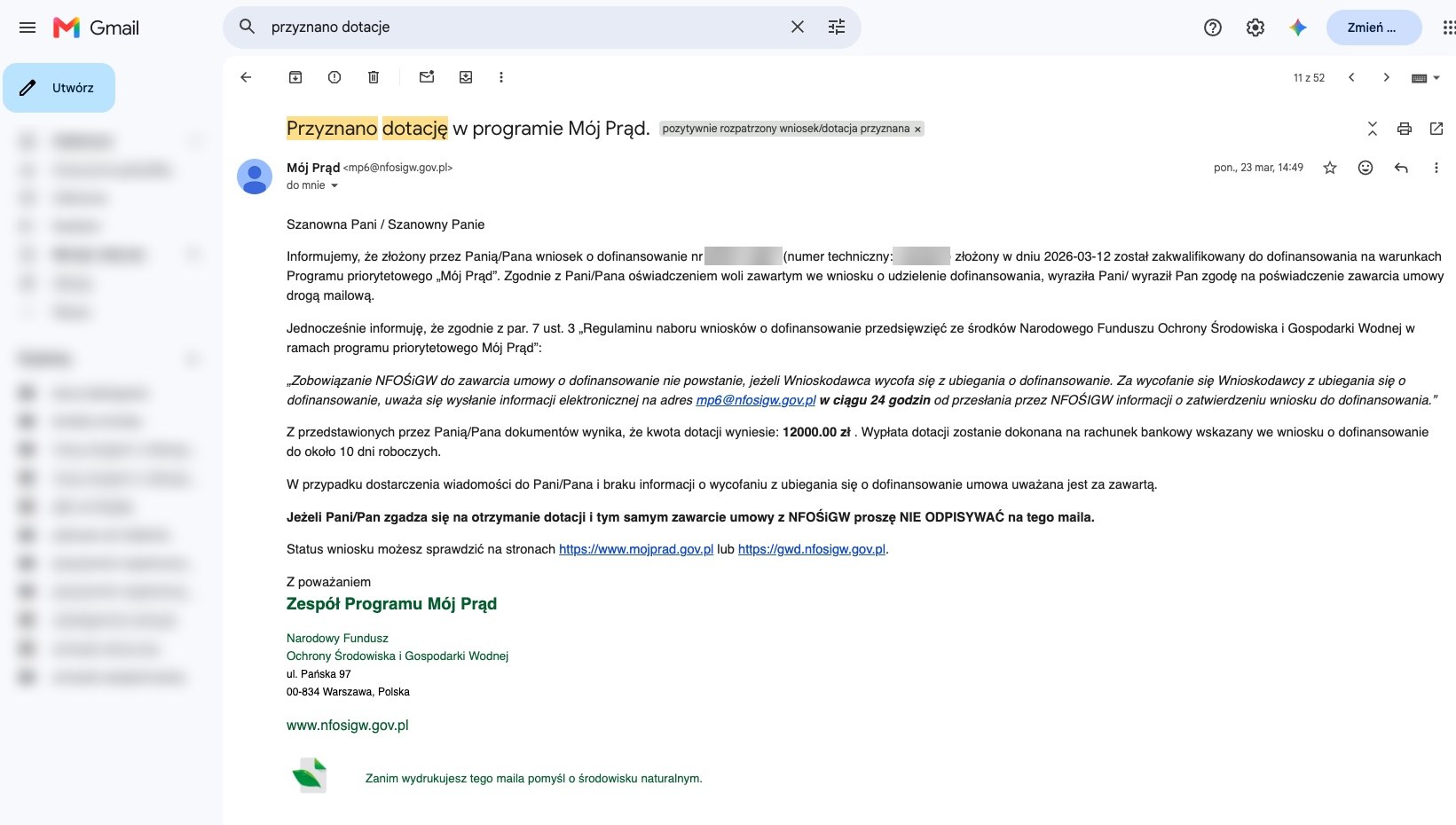 Mail od programu Mój Prąd: przyznano dotację, wniosek zakwalifikowany do dofinansowania